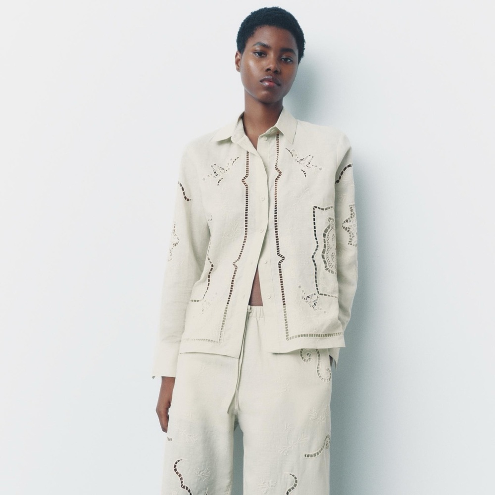 ZARA EMBROIDERED COTTON LINEN EYELET BOHEMIAN SHIRT ZW COLLECTION M